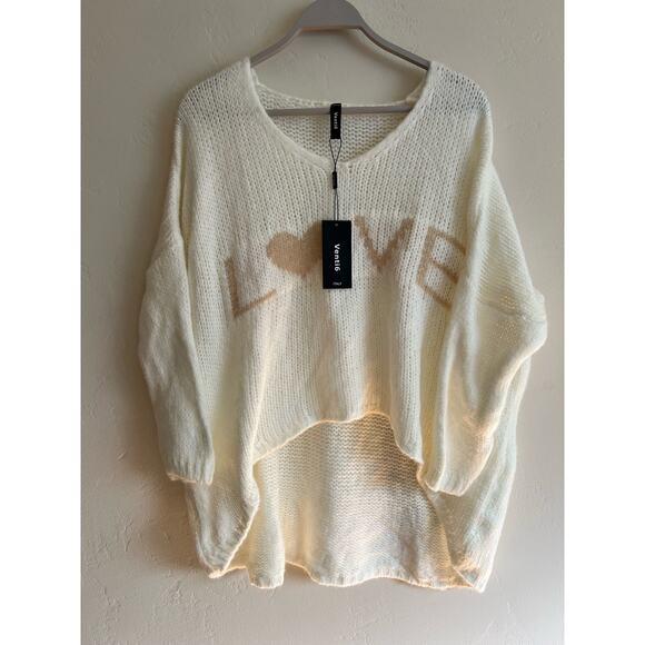 New Venti6 Made in Italy Off White Oversized LOVE V-Neck Sweater Size: Small / M - Picture 4 of 7